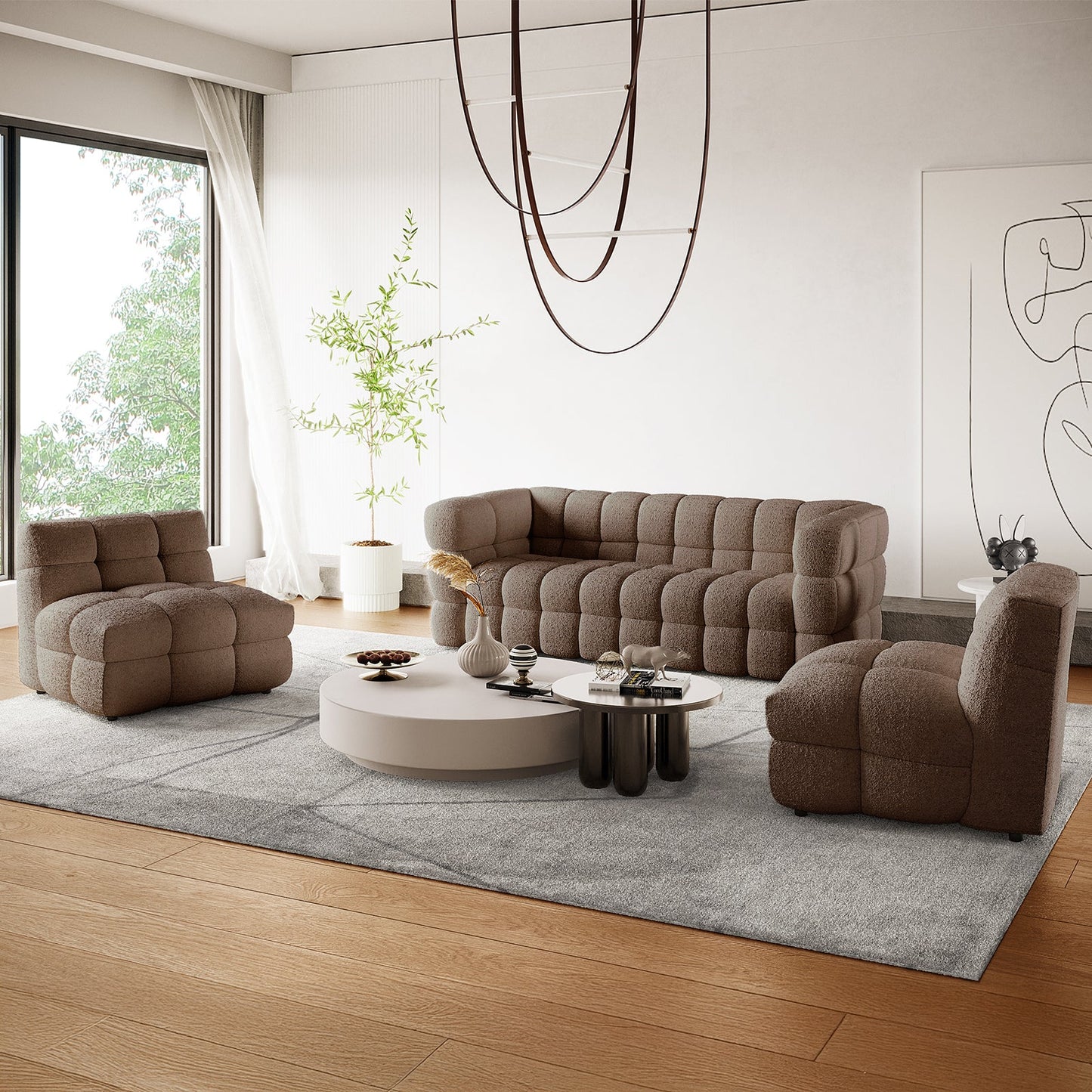 Goldenmart 5-Seater Boucle Sofa Set with Armless Chairs in Brown