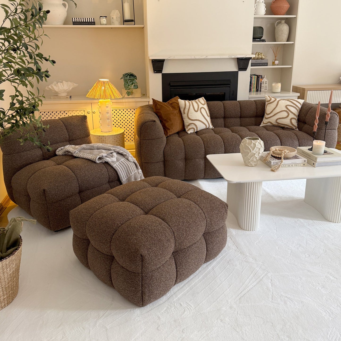 Goldenmart 5 Seater Boucle Sofa Set With Ottoman in Brown